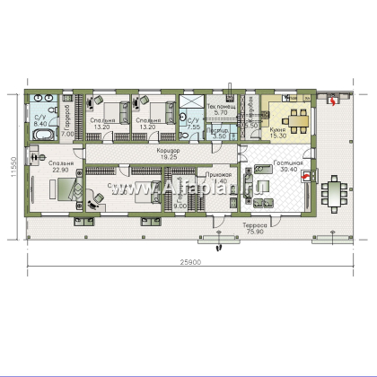 «Терминал» - проект одноэтажного дома c террасой вдоль дома, планировка мастер спальня, 4 спальни, постирочная - превью план дома - фото №1