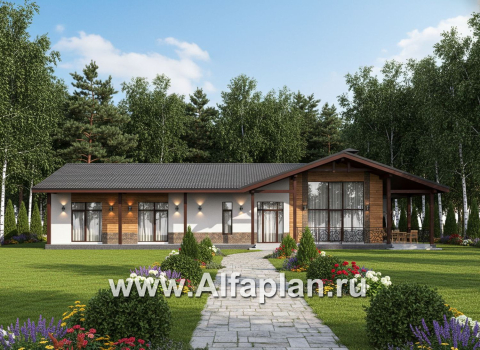 «Терминал» - проект одноэтажного дома c террасой вдоль дома, планировка мастер спальня, 4 спальни, постирочная - превью дополнительного изображения №1