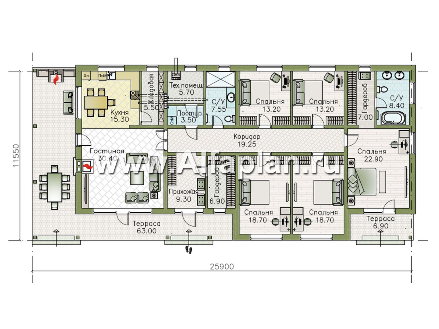 «Терминал» - проект одноэтажного дома c террасой вдоль дома, планировка мастер спальня, 5 спален, гардероб - план дома - фото №1