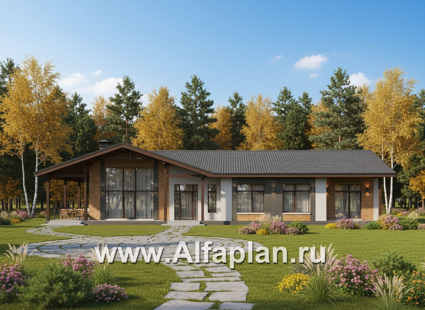 «Терминал» - проект одноэтажного дома c террасой вдоль дома, планировка мастер спальня, 5 спален, гардероб - дизайн дома №1