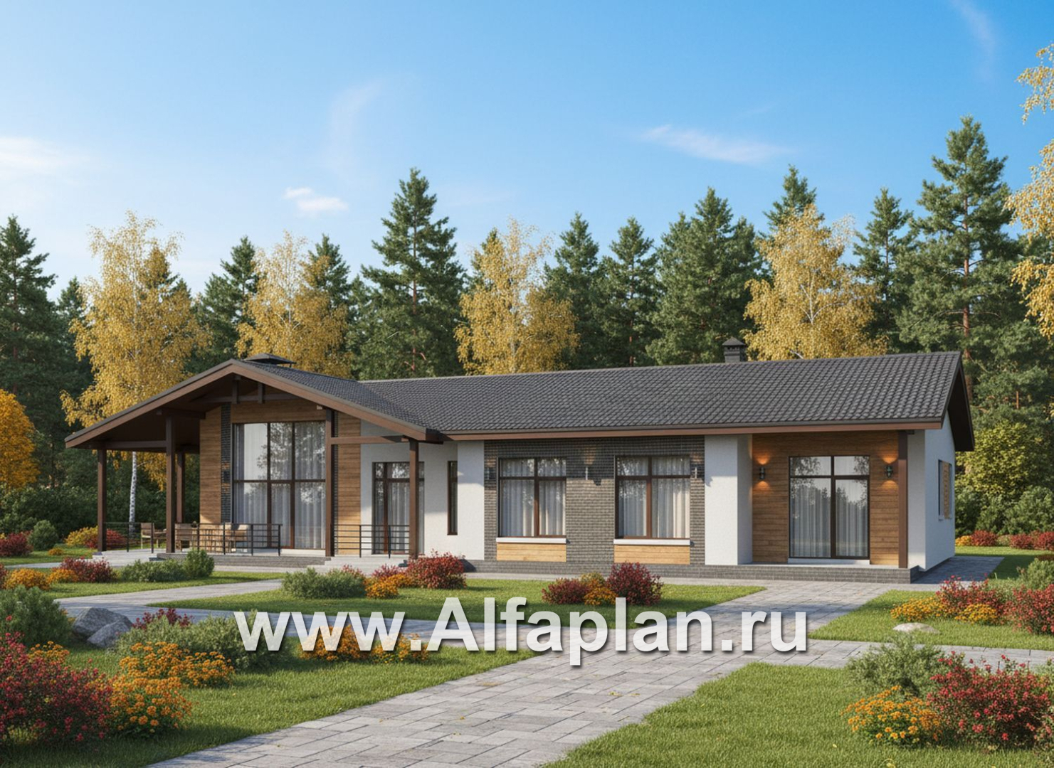 «Терминал» - проект одноэтажного дома c террасой вдоль дома, планировка мастер спальня, 5 спален, гардероб - дизайн дома №2