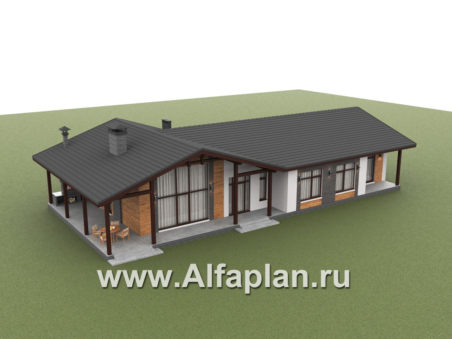 «Терминал» - проект одноэтажного дома c террасой вдоль дома, планировка мастер спальня, 5 спален, гардероб - дизайн дома №4