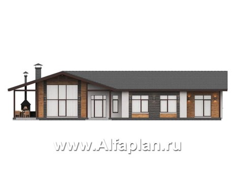 «Терминал» - проект одноэтажного дома c террасой вдоль дома, планировка мастер спальня, 5 спален, гардероб - превью фасада дома - фото №1