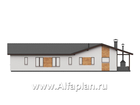 «Терминал» - проект одноэтажного дома c террасой вдоль дома, планировка мастер спальня, 5 спален, гардероб - превью фасада дома - фото №3