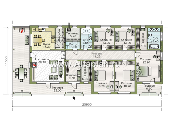 «Терминал» - проект одноэтажного дома c террасой вдоль дома, планировка мастер спальня, 5 спален, гардероб - превью план дома - фото №1