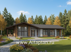 Превью проекта ««Терминал» - проект одноэтажного дома c террасой вдоль дома, планировка мастер спальня, 5 спален, гардероб»