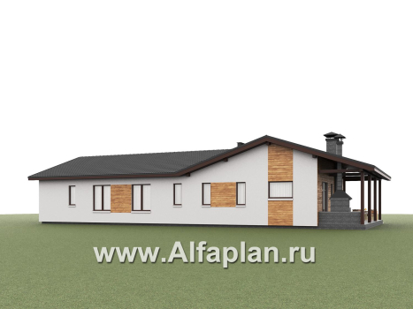 «Терминал» - проект одноэтажного дома c террасой вдоль дома, планировка мастер спальня, 5 спален, гардероб - превью дополнительного изображения №3