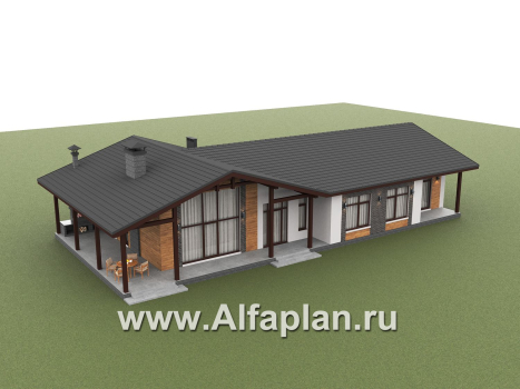 «Терминал» - проект одноэтажного дома c террасой вдоль дома, планировка мастер спальня, 5 спален, гардероб - превью дополнительного изображения №4