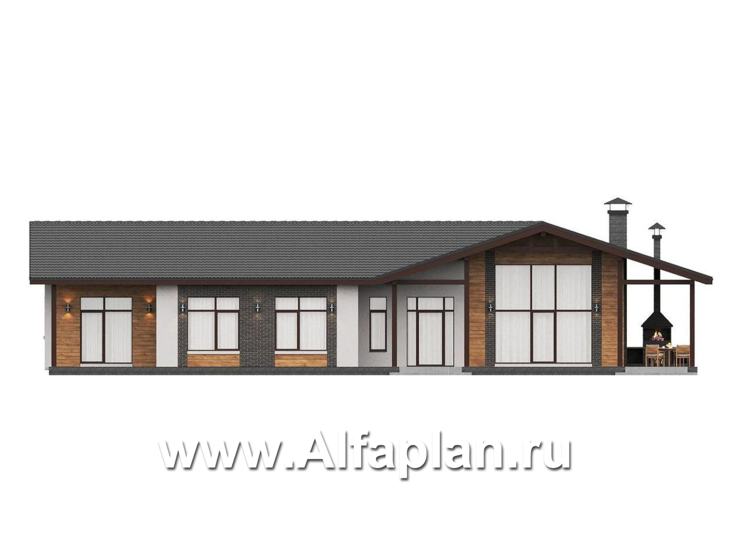 «Терминал» - проект одноэтажного дома c террасой вдоль дома, планировка мастер спальня, 5 спален, гардероб - фасад дома - фото №1