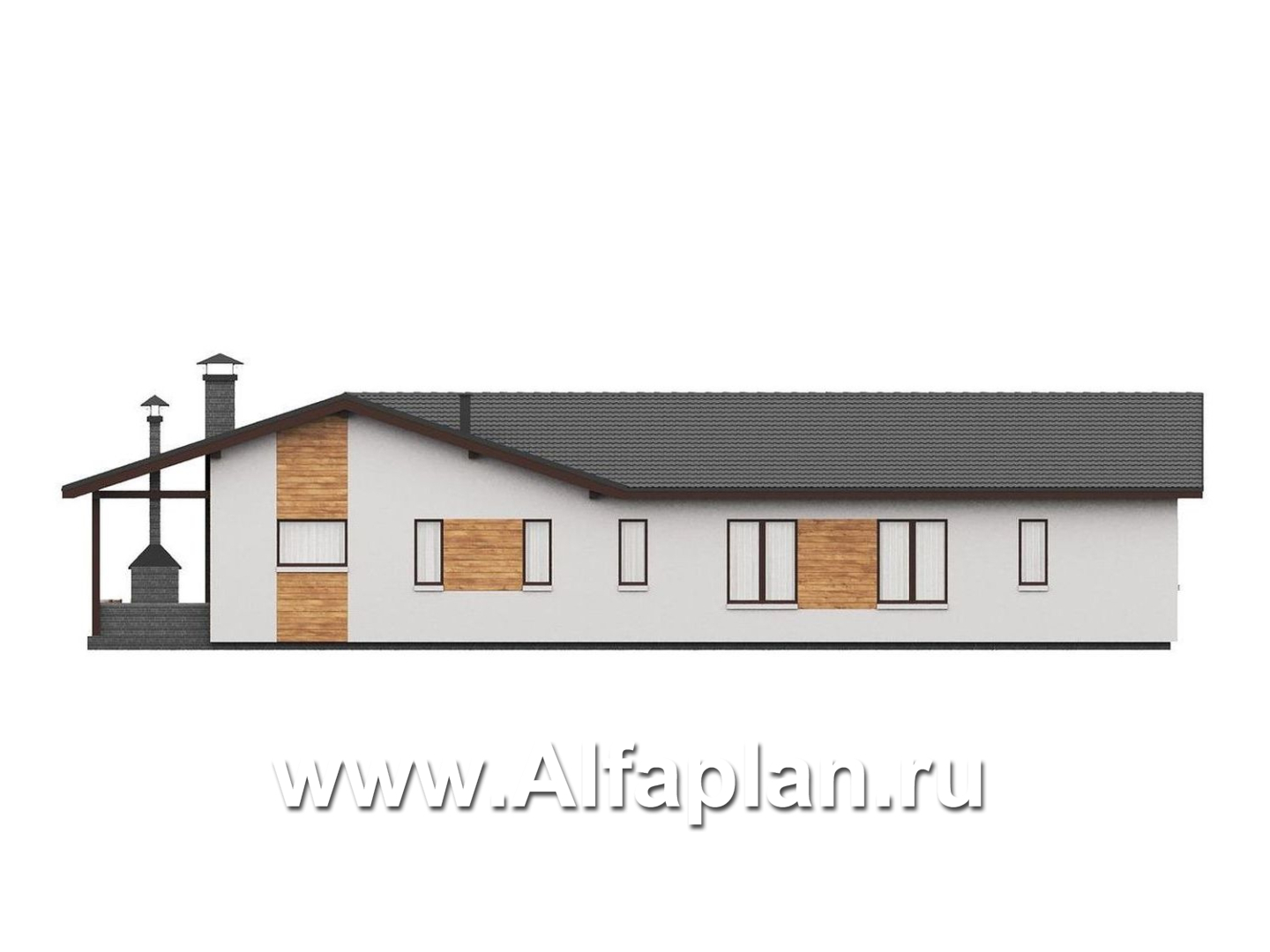 «Терминал» - проект одноэтажного дома c террасой вдоль дома, планировка мастер спальня, 5 спален, гардероб - фасад дома - фото №3