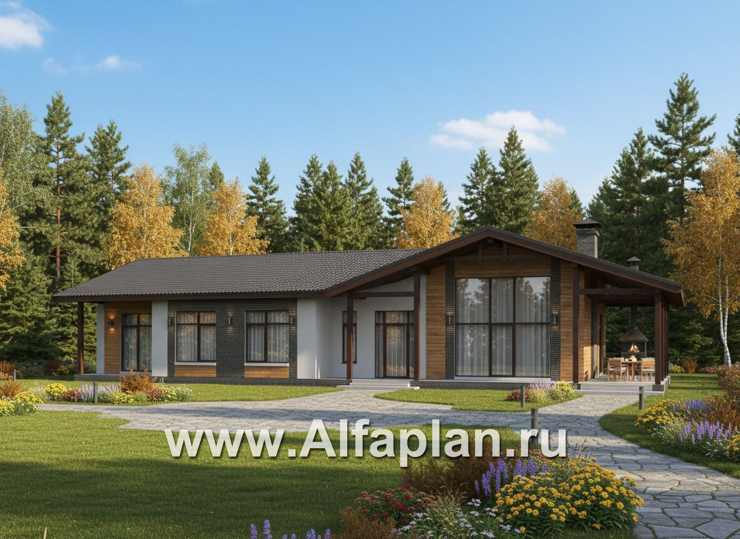 «Терминал» - проект одноэтажного дома c террасой вдоль дома, планировка мастер спальня, 5 спален, гардероб - основное изображение