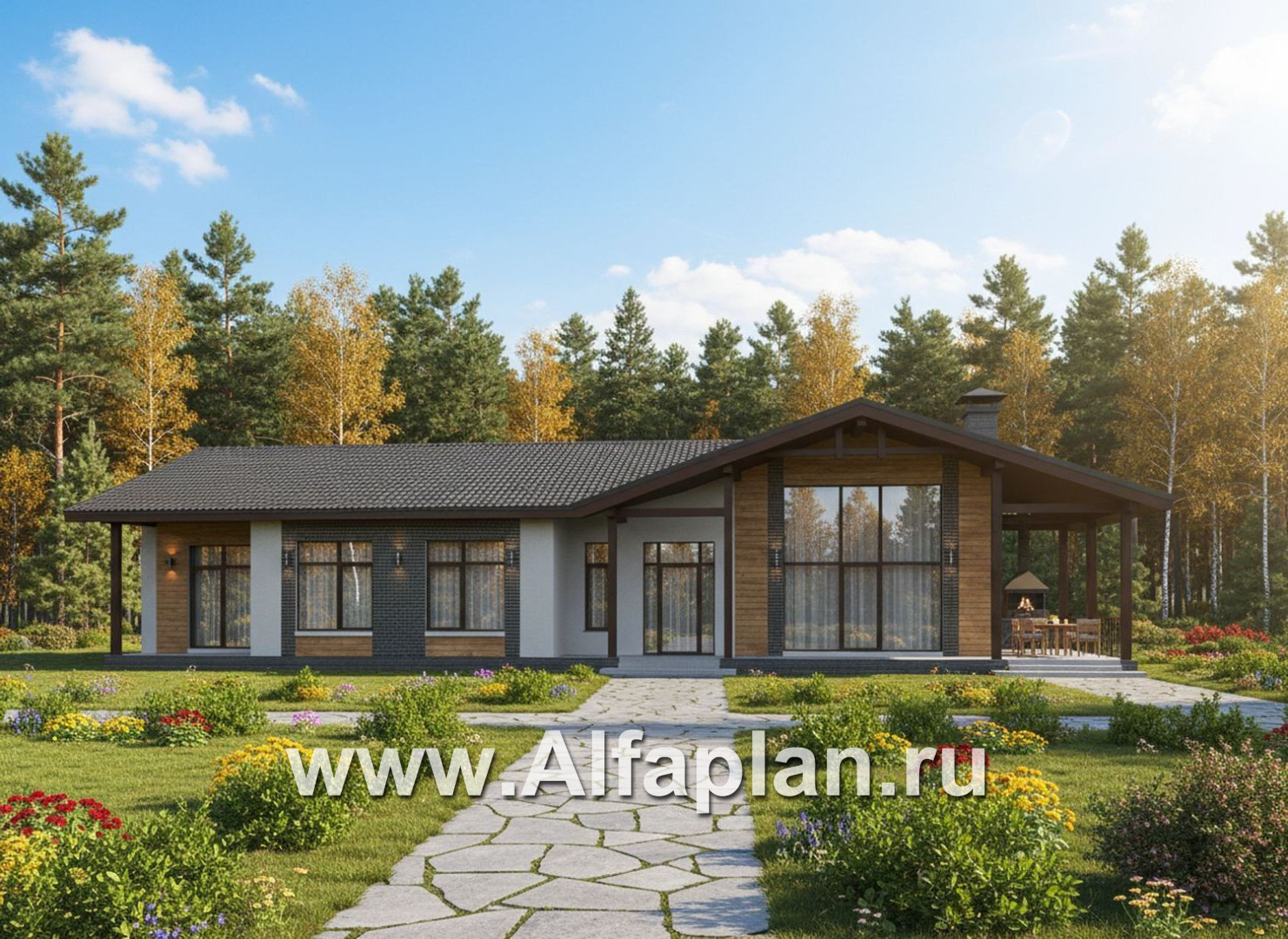 «Терминал» - проект одноэтажного дома c террасой вдоль дома, планировка мастер спальня, 5 спален, гардероб - дизайн дома №1