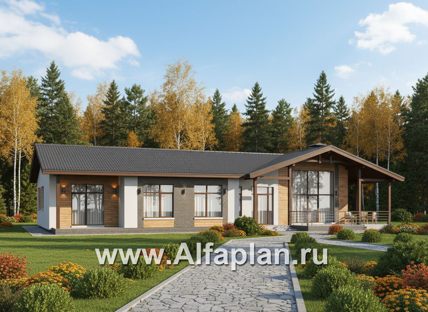 «Терминал» - проект одноэтажного дома c террасой вдоль дома, планировка мастер спальня, 5 спален, гардероб - дизайн дома №2