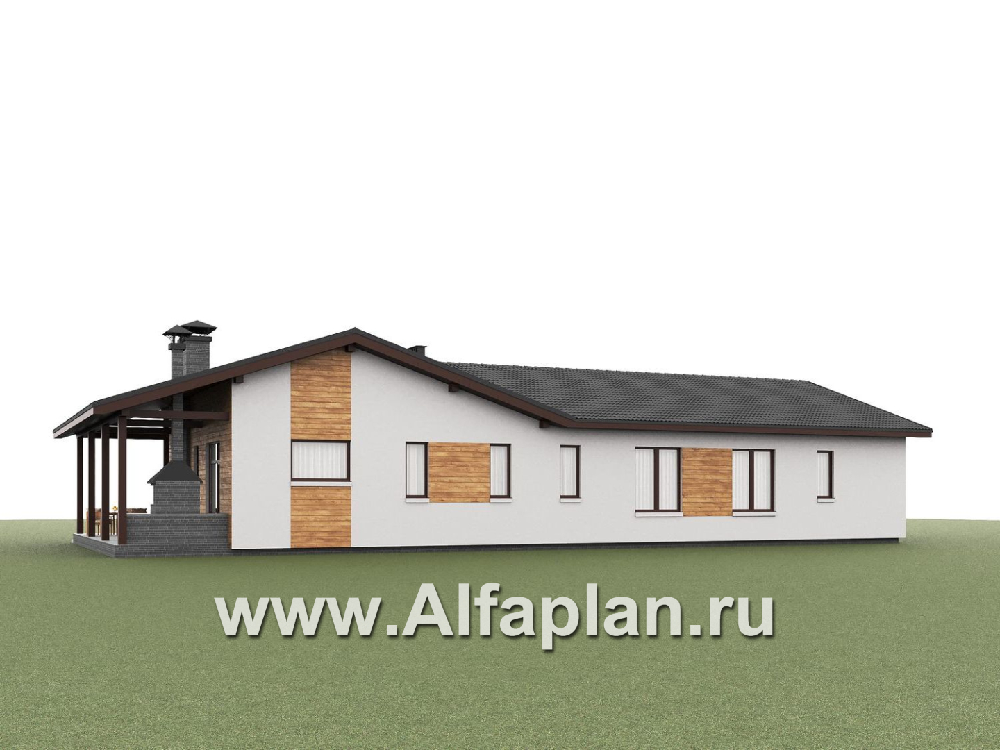 «Терминал» - проект одноэтажного дома c террасой вдоль дома, планировка мастер спальня, 5 спален, гардероб - дизайн дома №3