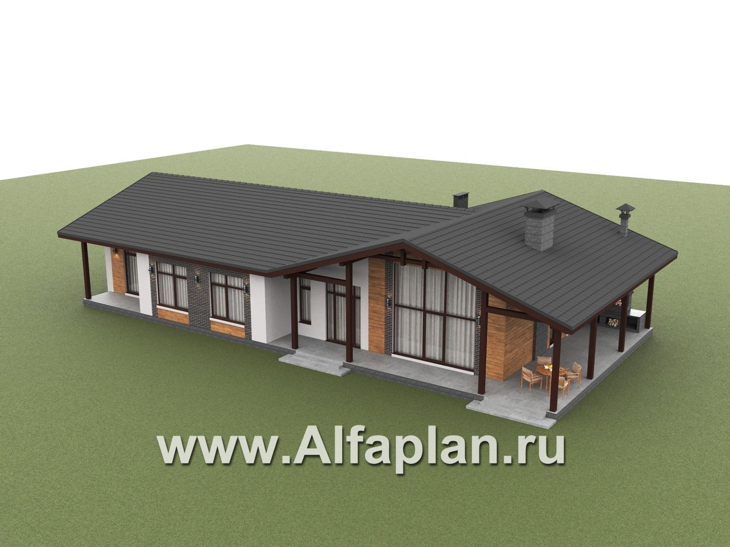 «Терминал» - проект одноэтажного дома c террасой вдоль дома, планировка мастер спальня, 5 спален, гардероб - дизайн дома №4