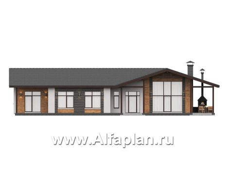 «Терминал» - проект одноэтажного дома c террасой вдоль дома, планировка мастер спальня, 5 спален, гардероб - превью фасада дома - фото №1