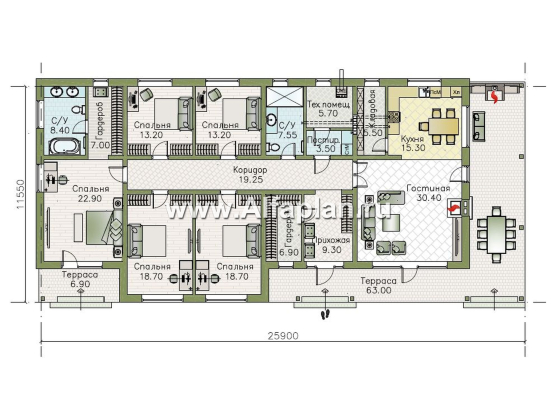 «Терминал» - проект одноэтажного дома c террасой вдоль дома, планировка мастер спальня, 5 спален, гардероб - превью план дома - фото №1