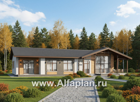 «Терминал» - проект одноэтажного дома c террасой вдоль дома, планировка мастер спальня, 5 спален, гардероб - превью дополнительного изображения №2