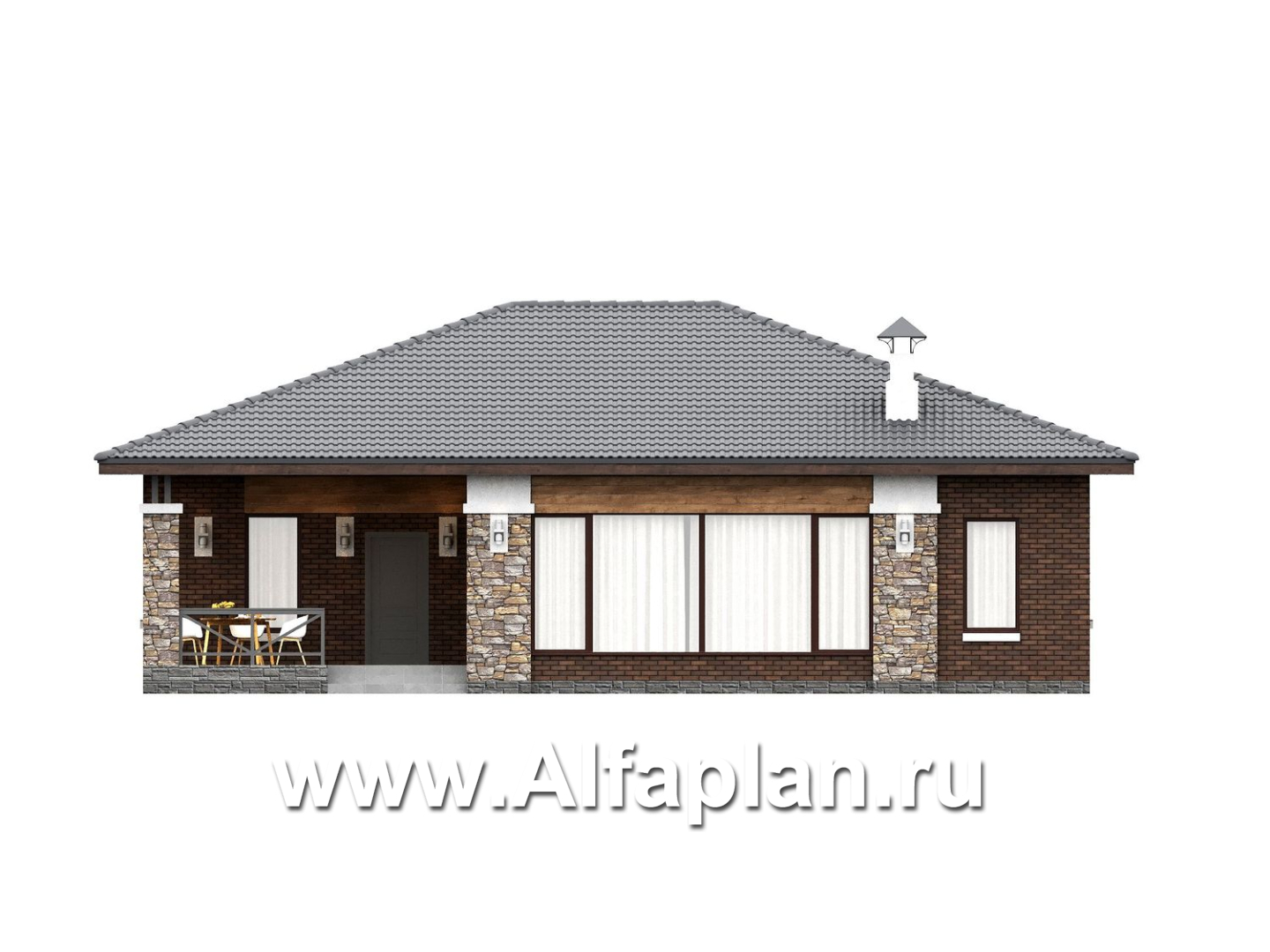 «Левитация» - проект одноэтажного дома, планировка мастер спальня, 2 детских, кладовая при кухне, терраса при входе  - фасад дома - фото №1