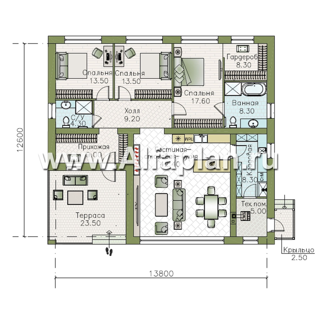 «Левитация» - проект одноэтажного дома, планировка мастер спальня, 2 детских, кладовая при кухне, терраса при входе  - план дома - фото №1