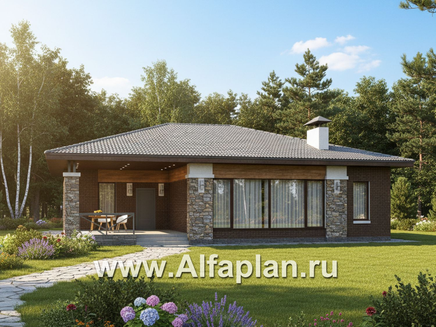 «Левитация» - проект одноэтажного дома, планировка мастер спальня, 2 детских, кладовая при кухне, терраса при входе  - дизайн дома №1