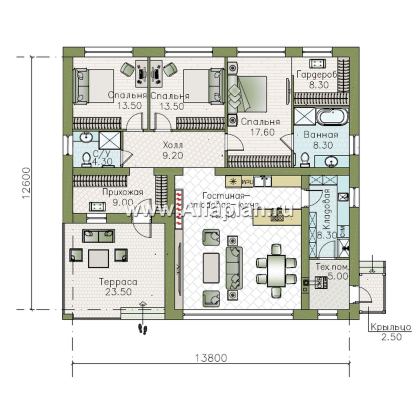«Левитация» - проект одноэтажного дома, планировка мастер спальня, 2 детских, кладовая при кухне, терраса при входе  - превью план дома - фото №1