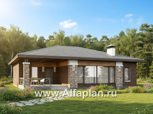 «Левитация» - проект одноэтажного дома, планировка мастер спальня, 2 детских, кладовая при кухне, терраса при входе 