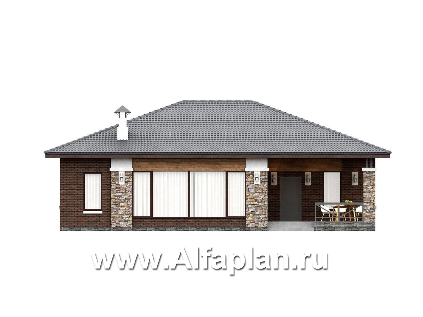 «Левитация» - проект одноэтажного дома, планировка мастер спальня, 2 детских, кладовая при кухне, терраса при входе - фасад дома - фото №1