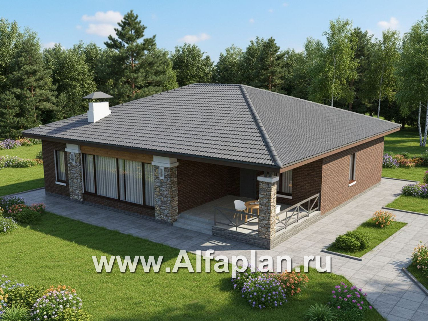 «Левитация» - проект одноэтажного дома, планировка мастер спальня, 2 детских, кладовая при кухне, терраса при входе - дизайн дома №2