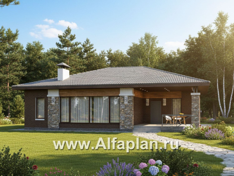 «Левитация» - проект одноэтажного дома, планировка мастер спальня, 2 детских, кладовая при кухне, терраса при входе - превью дополнительного изображения №1