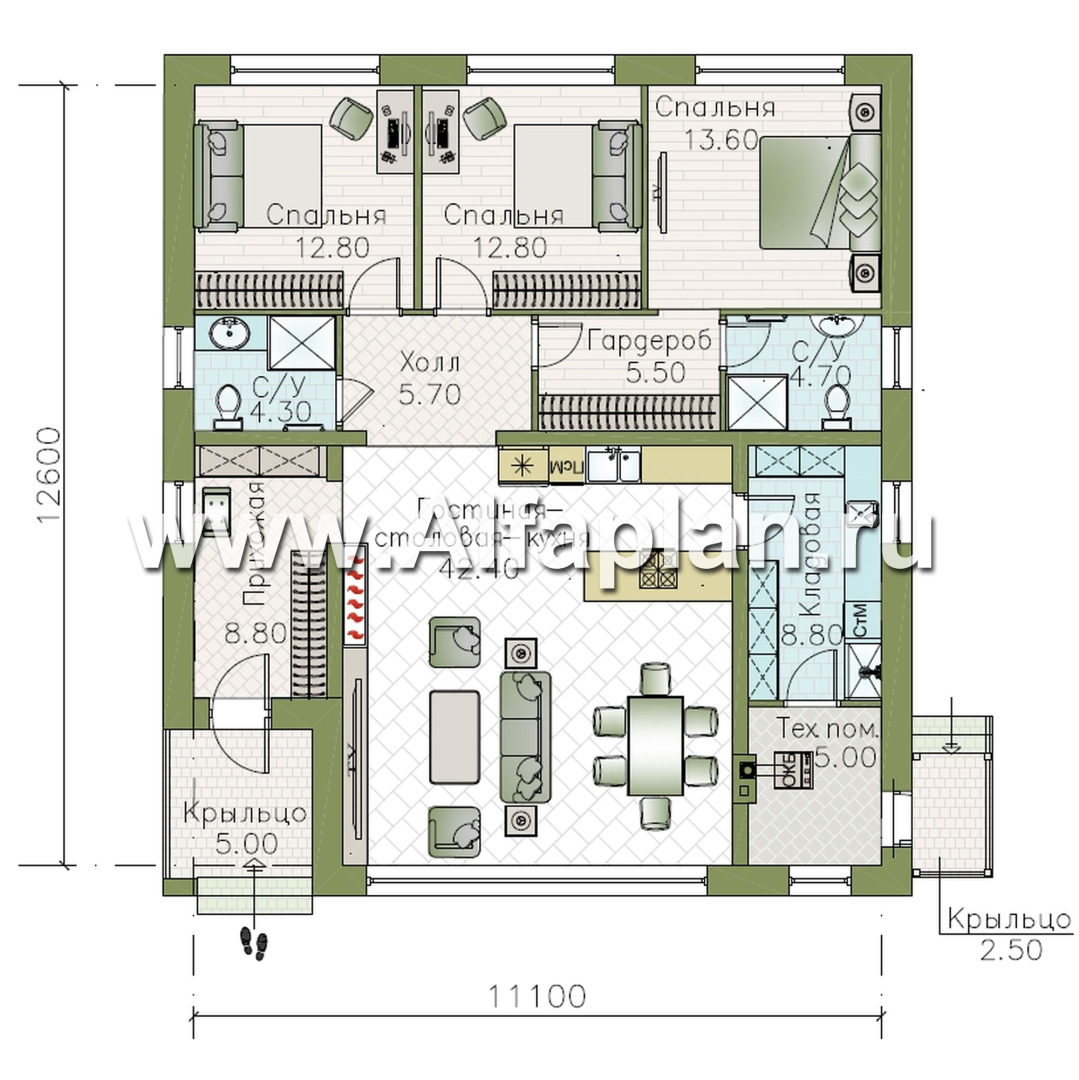 «Лукоморье» - проект одноэтажного дома, мастер спальня, 2 детских, кладовака при кухне. Отличная планировка! - план дома - фото №1