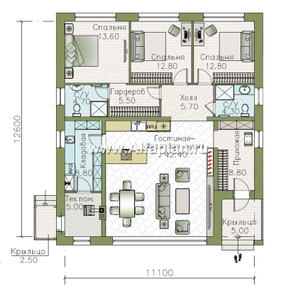 «Лукоморье» - проект одноэтажного дома, мастер спальня, 2 детских, кладовака при кухне. Отличная планировка!  - превью план дома - фото №1