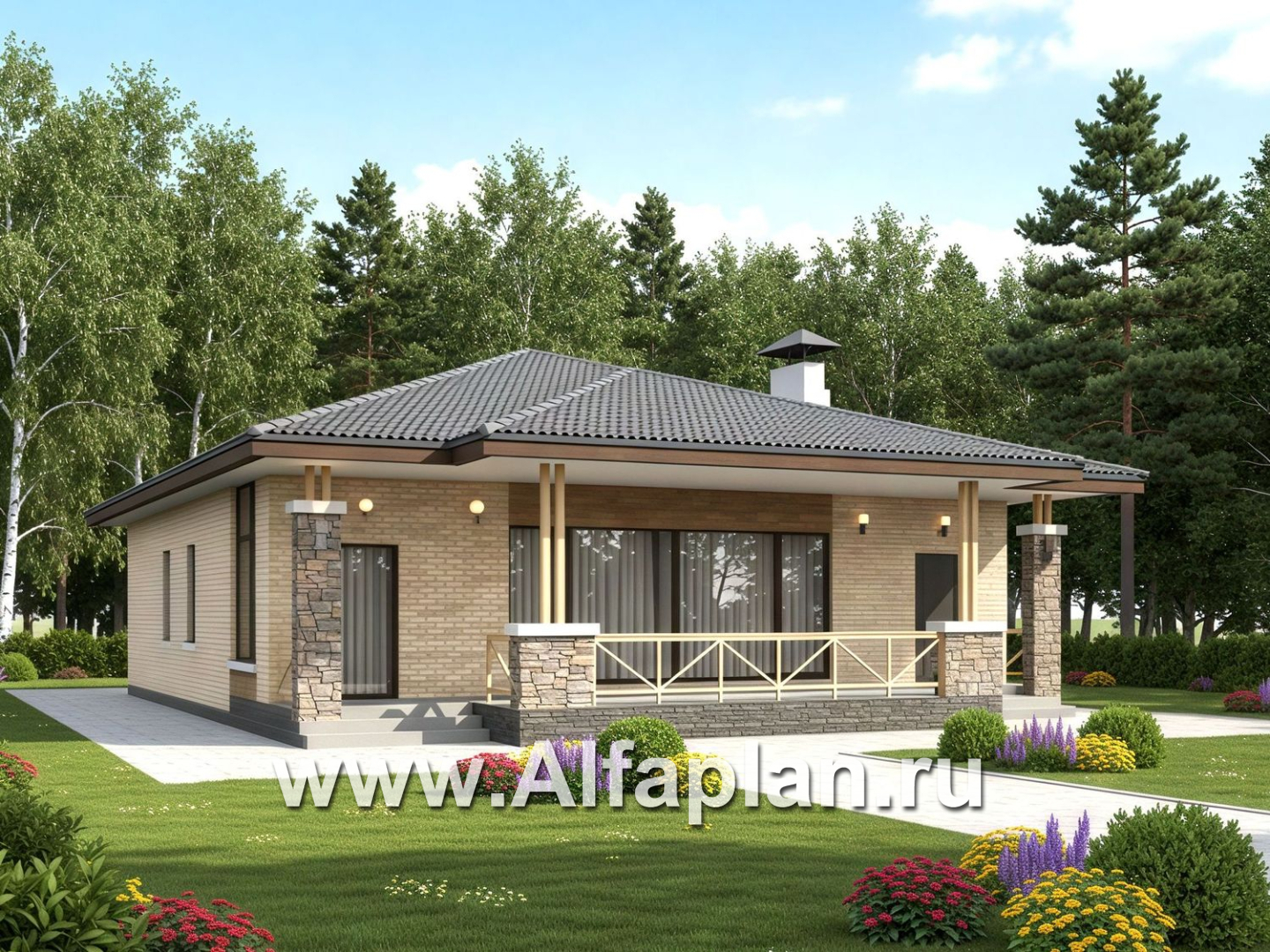 «Лукоморье» - проект одноэтажного дома, мастер спальня, 2 детских, кладовака при кухне, терраса. Отличная планировка! - основное изображение