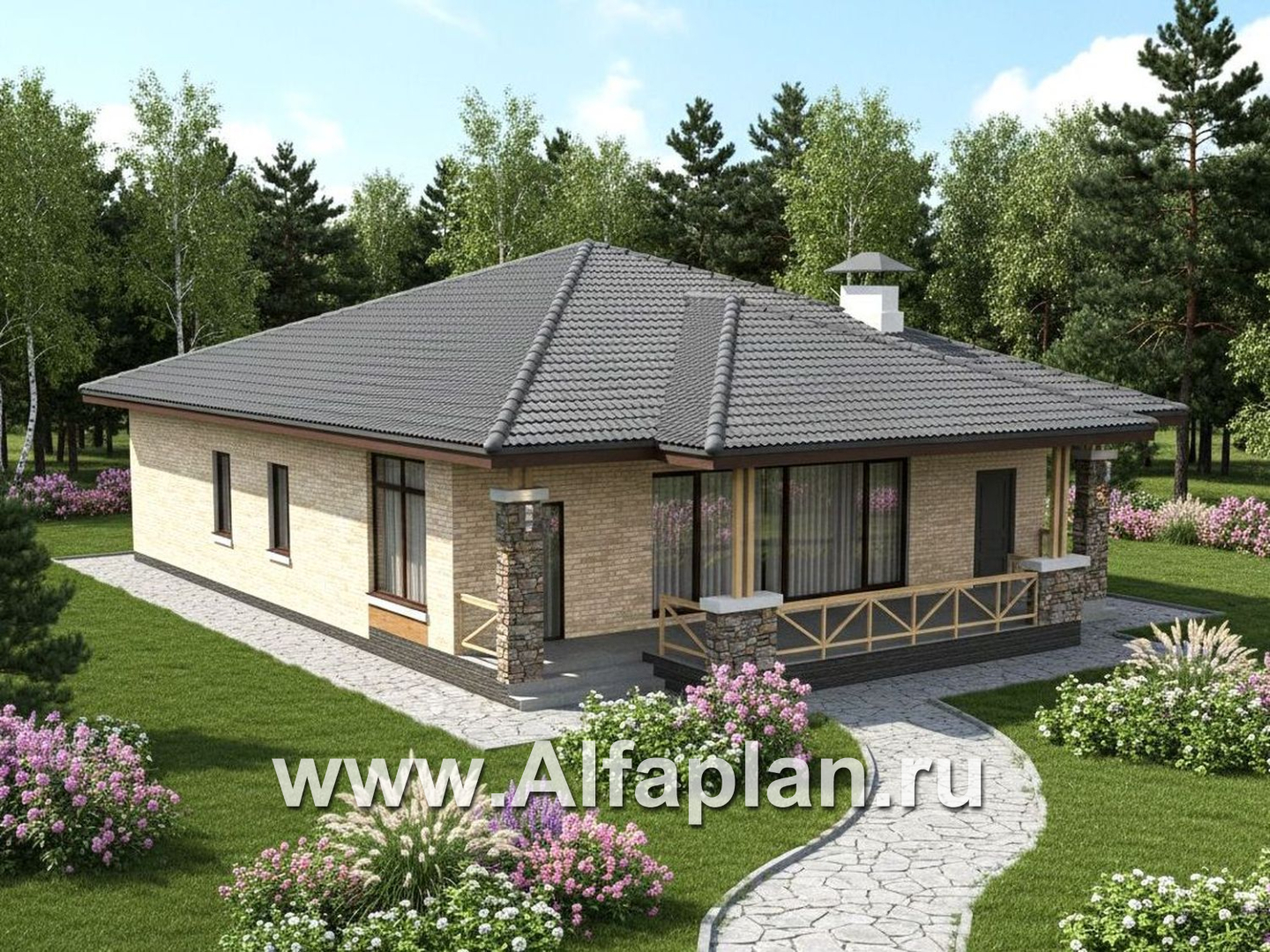 «Лукоморье» - проект одноэтажного дома, мастер спальня, 2 детских, кладовака при кухне, терраса. Отличная планировка! - дизайн дома №1