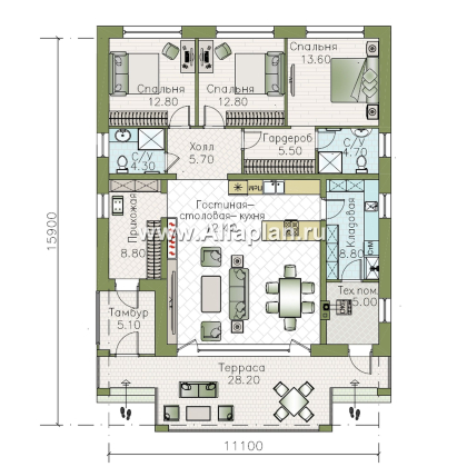 «Лукоморье» - проект одноэтажного дома, мастер спальня, 2 детских, кладовака при кухне, терраса. Отличная планировка! - превью план дома - фото №1