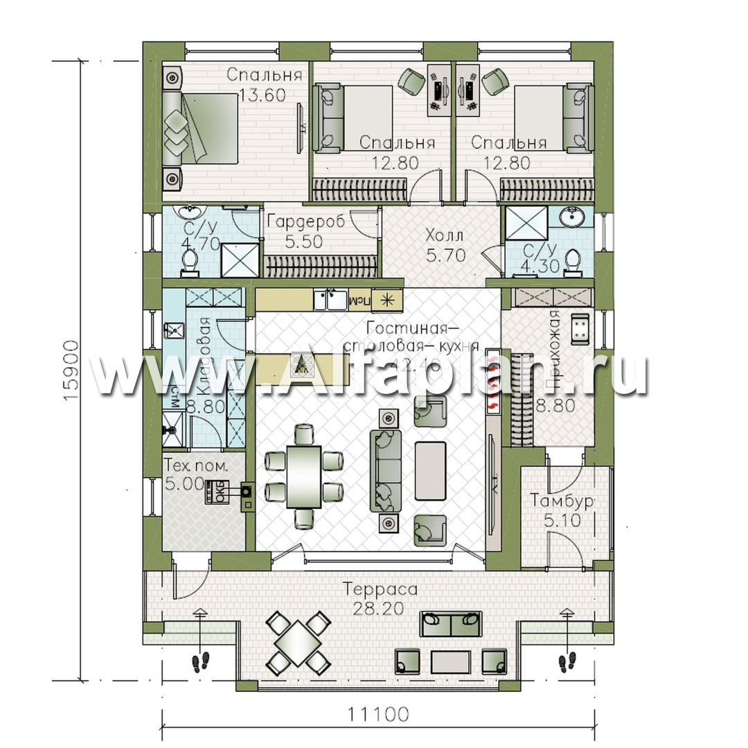 «Лукоморье» - проект одноэтажного дома, мастер спальня, 2 детских, кладовака при кухне, терраса. Отличная планировка! - план дома - фото №1