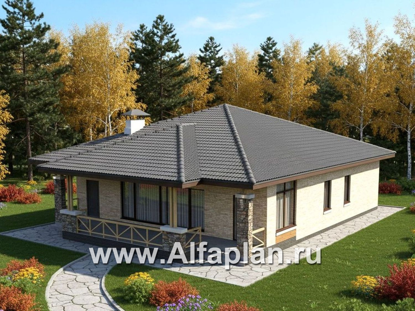 «Лукоморье» - проект одноэтажного дома, мастер спальня, 2 детских, кладовака при кухне, терраса. Отличная планировка! - дизайн дома №2