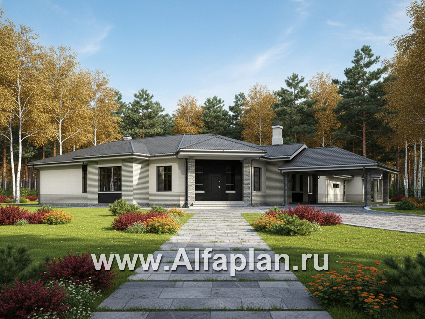 «Модуль» — проект одноэтажного дома, со спортзалом и сауной, с бассейном и гостевой квартирой (ВАРИАТ фасада) - основное изображение