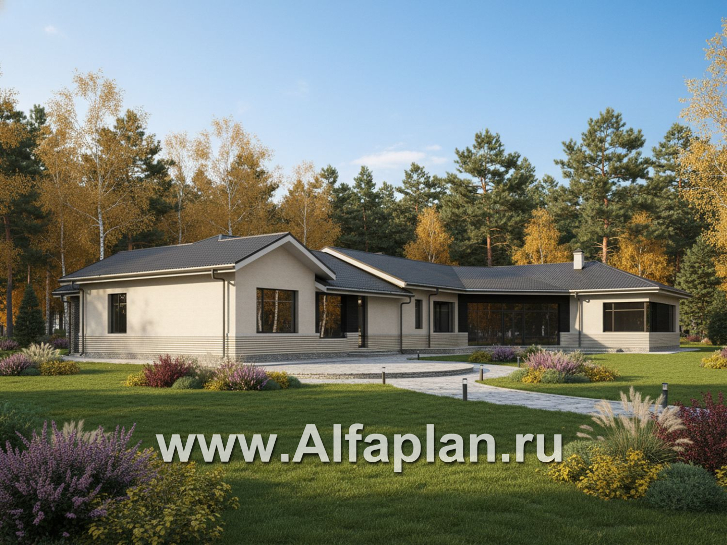 «Модуль» — проект одноэтажного дома, со спортзалом и сауной, с бассейном и гостевой квартирой (ВАРИАТ фасада) - дизайн дома №2