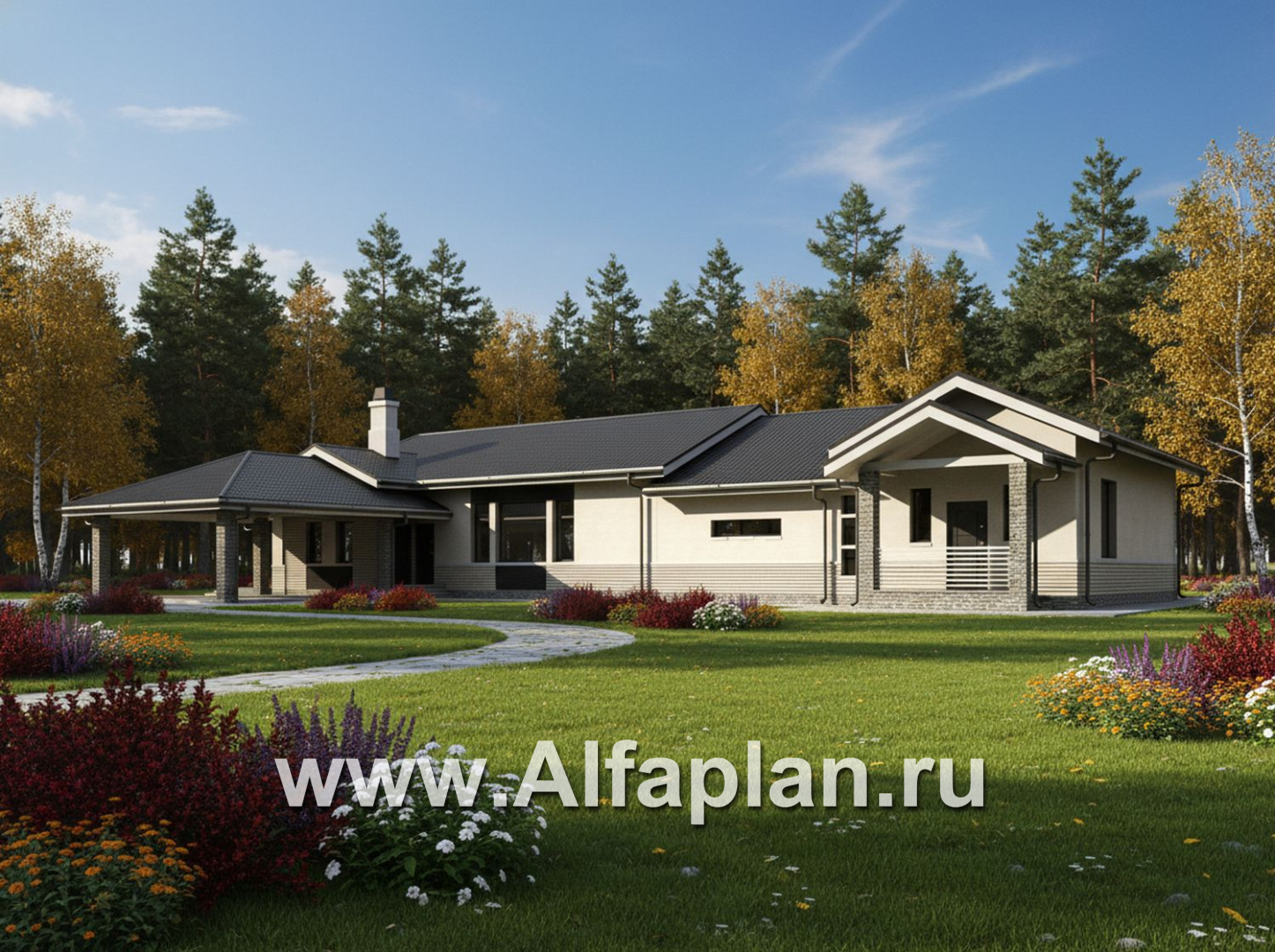 «Модуль» — проект одноэтажного дома, со спортзалом и сауной, с бассейном и гостевой квартирой (ВАРИАТ фасада) - дизайн дома №3