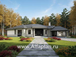 Превью проекта ««Модуль» — проект одноэтажного дома, со спортзалом и сауной, с бассейном и гостевой квартирой (ВАРИАТ фасада)»