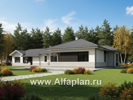 «Модуль» — проект одноэтажного дома, со спортзалом и сауной, с бассейном и гостевой квартирой (ВАРИАТ фасада) - превью дополнительного изображения №1