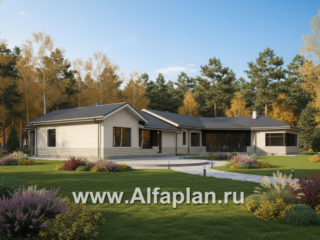 «Модуль» — проект одноэтажного дома, со спортзалом и сауной, с бассейном и гостевой квартирой (ВАРИАТ фасада) - превью дополнительного изображения №2