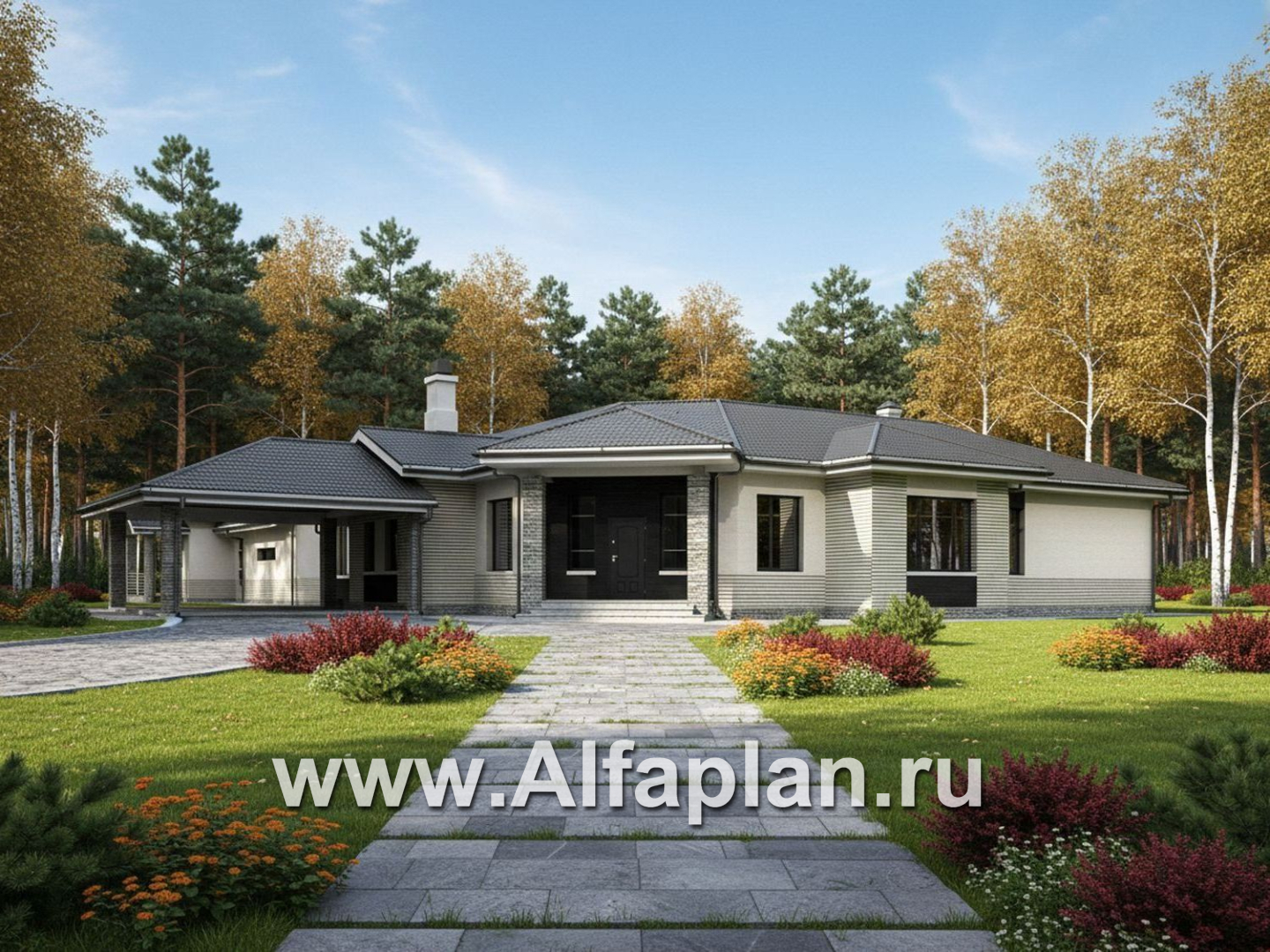 «Модуль» — проект одноэтажного дома, со спортзалом и сауной, с бассейном и гостевой квартирой (ВАРИАТ фасада) - основное изображение