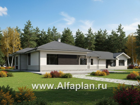 «Модуль» — проект одноэтажного дома, со спортзалом и сауной, с бассейном и гостевой квартирой (ВАРИАТ фасада) - превью дополнительного изображения №1