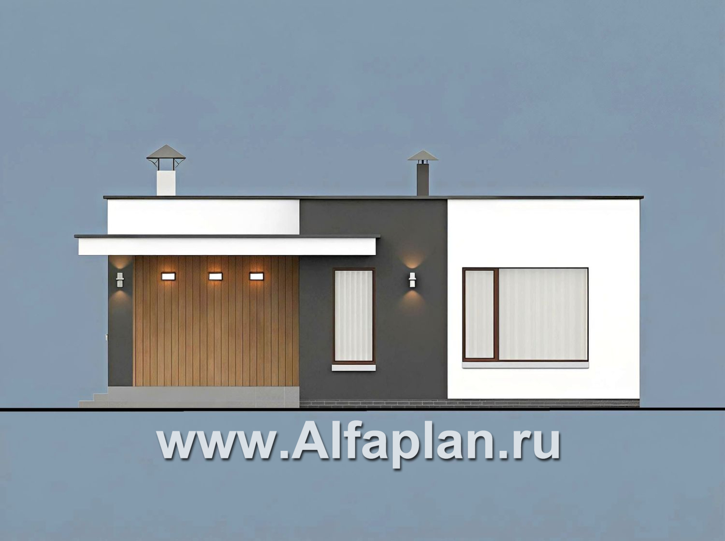 «Заозерье» - проект практичного одноэтажного коттеджа с плоской крышей, планировка 2 спальни - фасад дома - фото №1