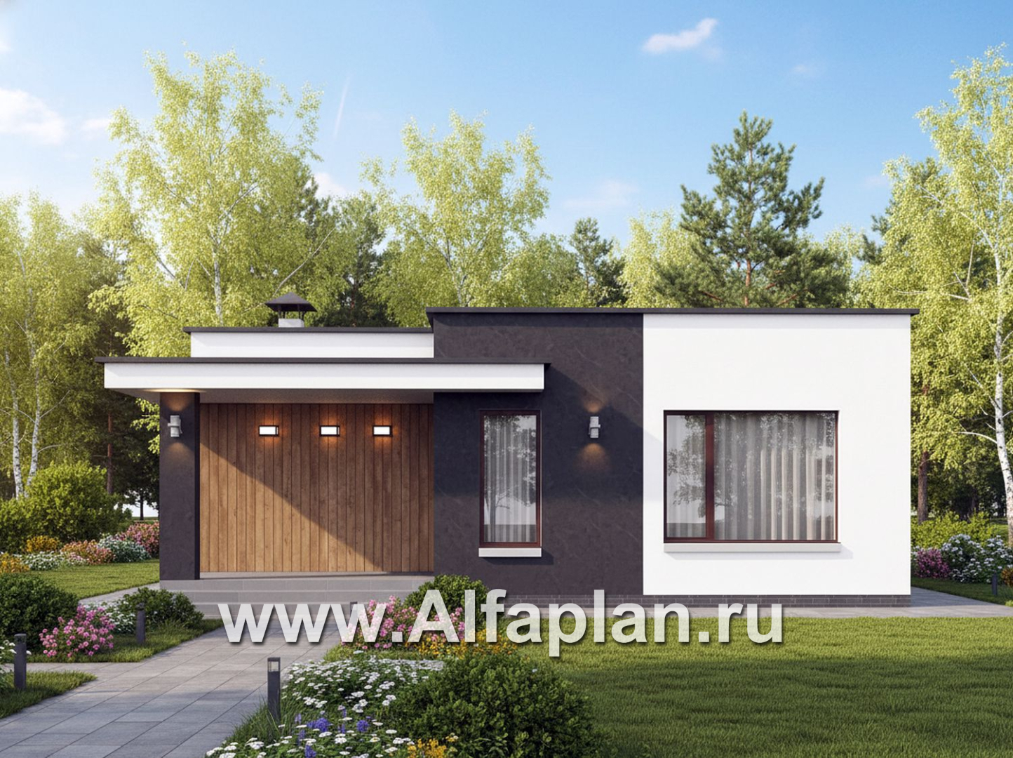 «Заозерье» - проект практичного одноэтажного коттеджа с плоской крышей, планировка 2 спальни - основное изображение