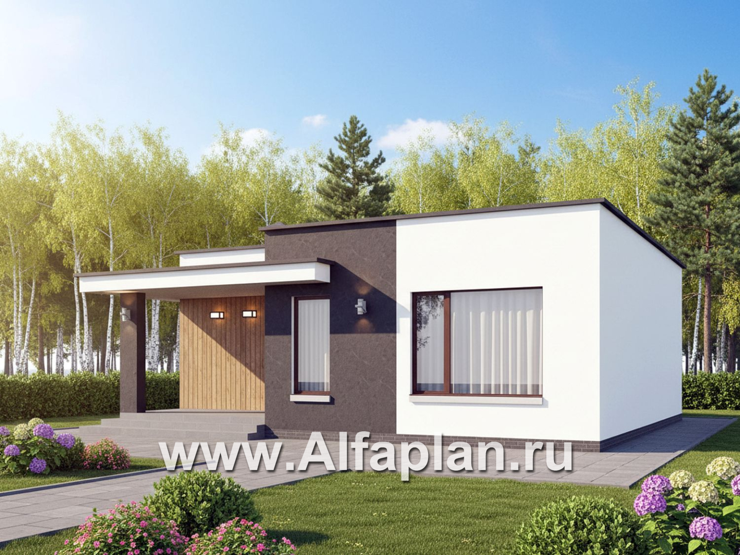 «Заозерье» - проект практичного одноэтажного коттеджа с плоской крышей, планировка 2 спальни - дизайн дома №2