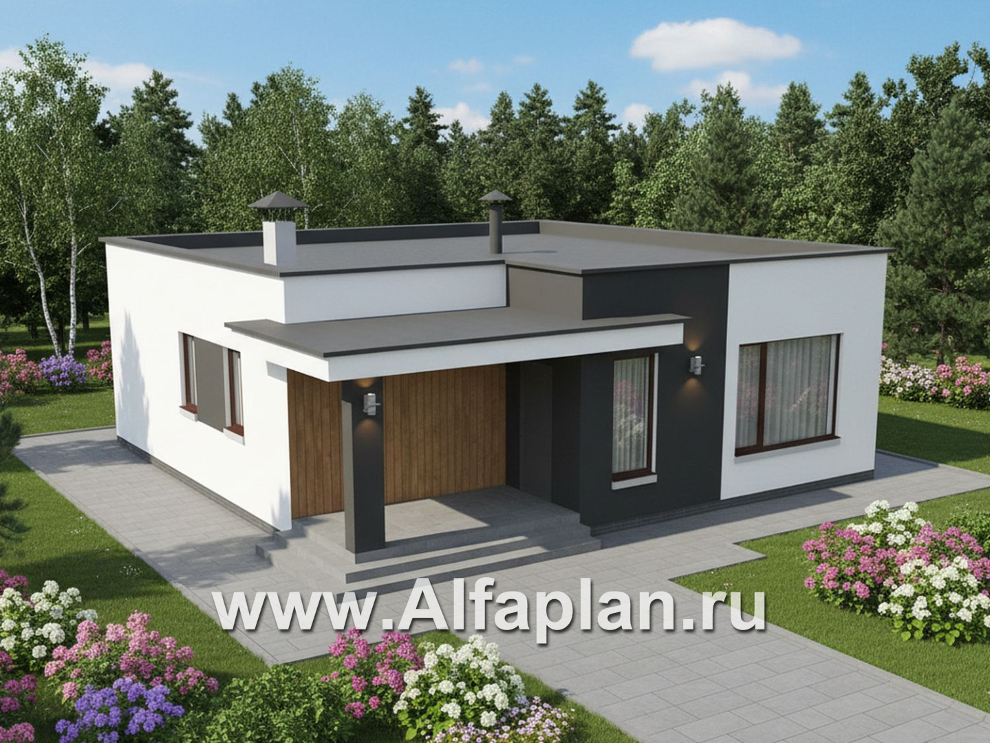 «Заозерье» - проект практичного одноэтажного коттеджа с плоской крышей, планировка 2 спальни - дизайн дома №3