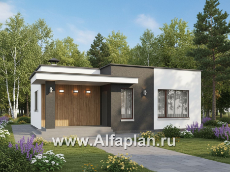 «Заозерье» - проект практичного одноэтажного коттеджа с плоской крышей, планировка 2 спальни - превью дополнительного изображения №1